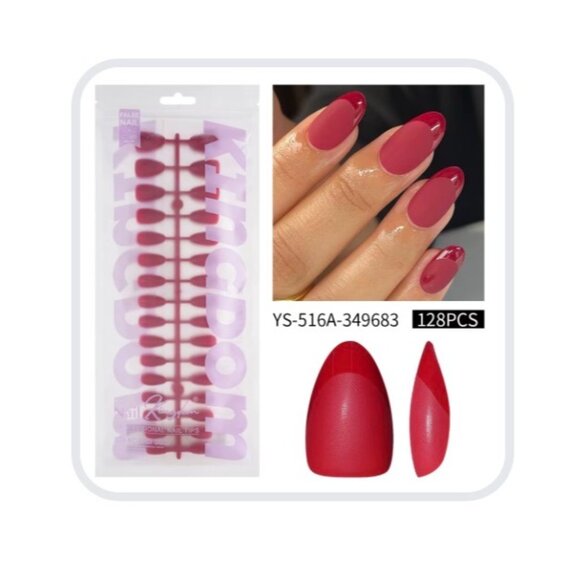 128PCS BRIGHT RED Short Almond Matte & Gloss French Tip False Nails - 4 Complete - Picture 1 of 3
